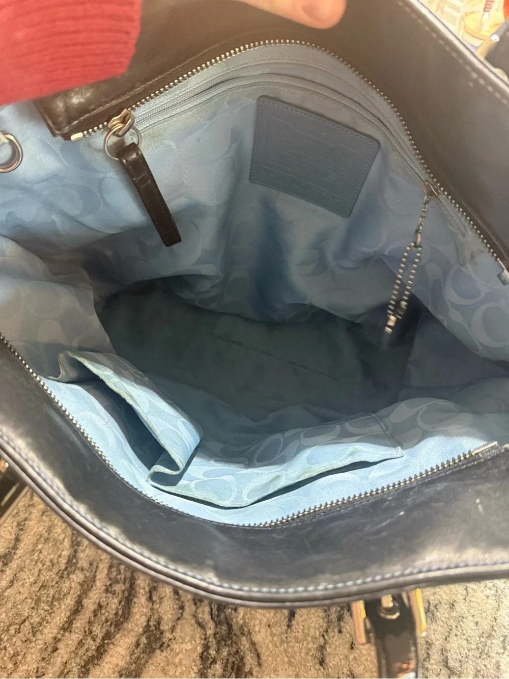 Coach Black Leather Tote with Light Blue Straps